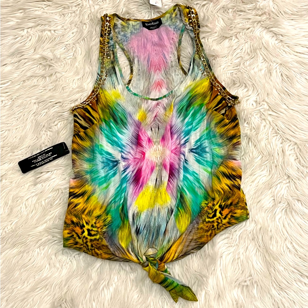 BEBE colorful animal print‎ with gold chain detail front tie tank small